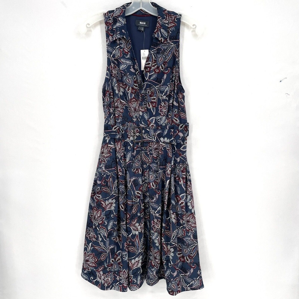 Maeve for Anthropologie Calia Belted Shirt Dress Midi‎ Length Blue Paisley Sz 2